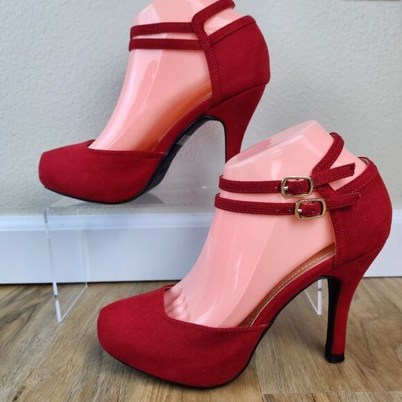 🩵NIB Red Faux Suede Leather Double Ankle Strap Platform Heels Size 7.5 - Picture 7 of 14